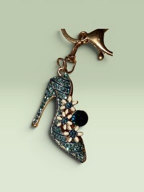 Glam Blue Rhinestone High Heel Key or Bag Charm with Flowers